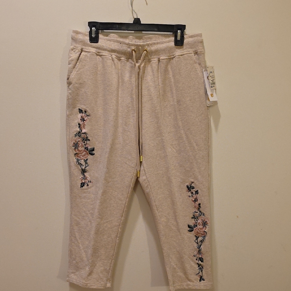 Gloria Vanderbilt Beige Embroidered Track Pants